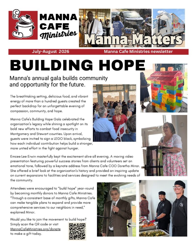 Cover of the July–August 2026 Manna Matters newsletter featuring the Building Hope Gala